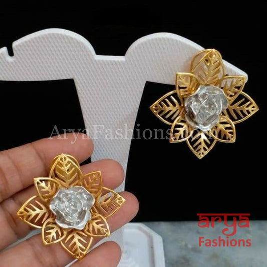 Golden Silver Ethnic Designer Flower Earrings