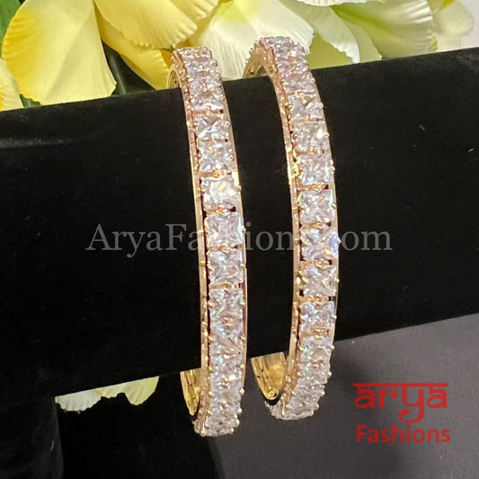 Golden Square CZ Stone Bangles Pair of 2