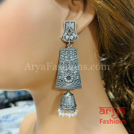 Greek Theme Silver Oxidized Jhumka Earrings