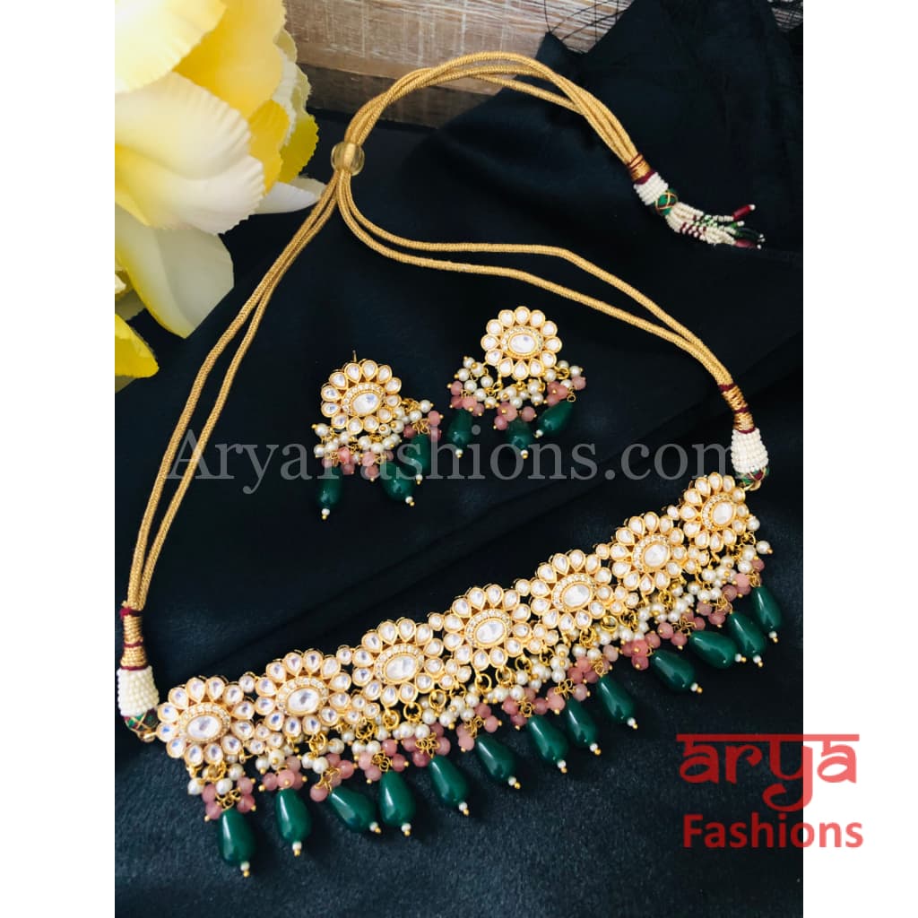 Green Beads Pacchi Kundan Choker Necklace/ Rajwadi Meenakari Necklace