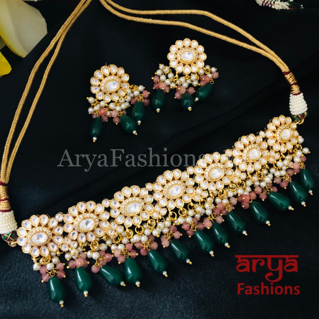 Green Beads Pacchi Kundan Choker Necklace/ Rajwadi Meenakari Necklace