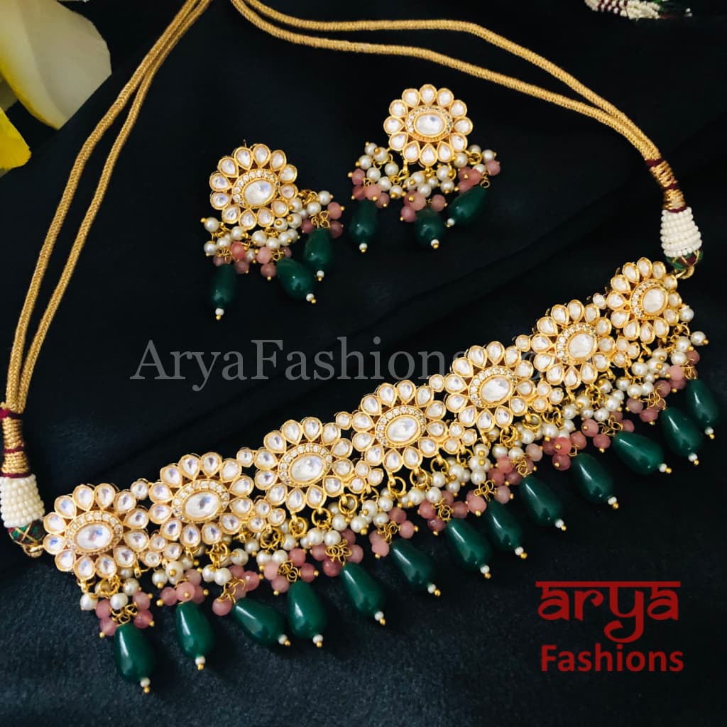 Green Beads Pacchi Kundan Choker Necklace/ Rajwadi Meenakari Necklace
