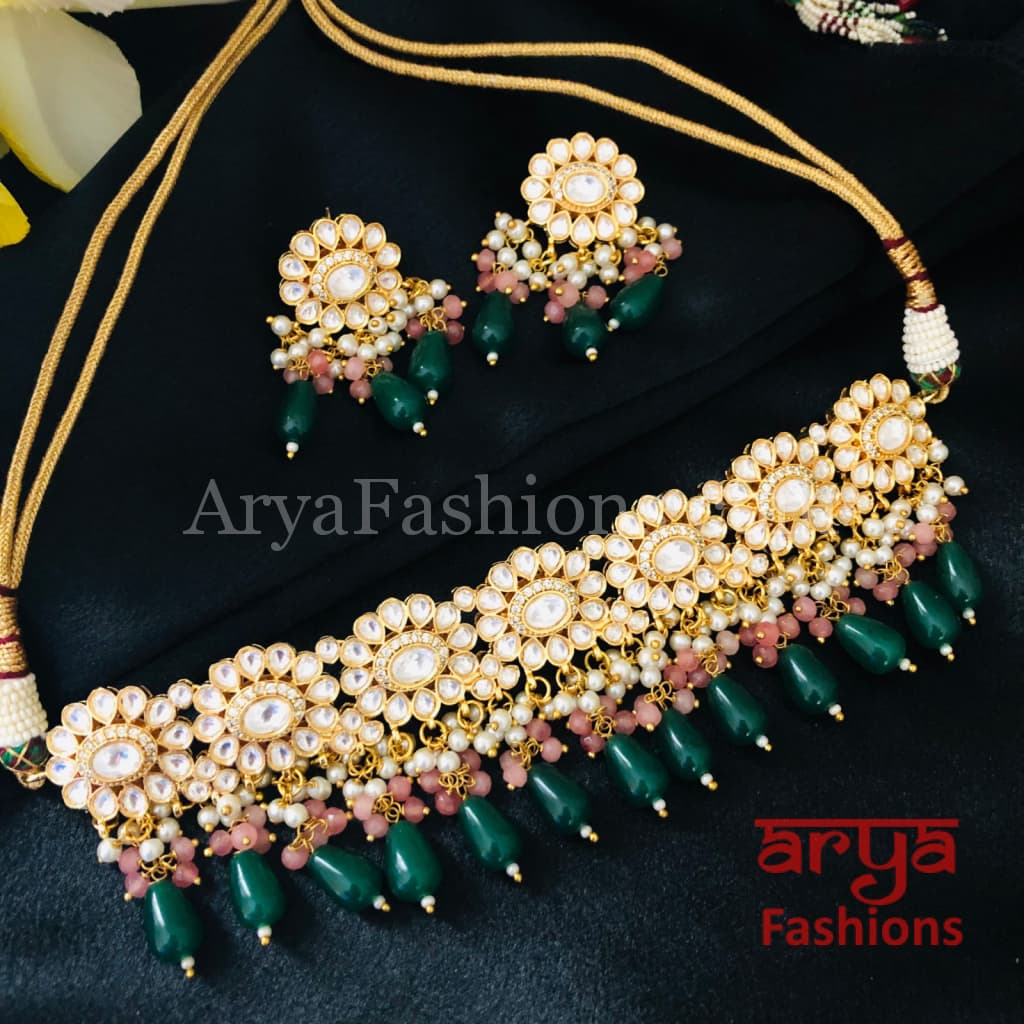 Green Beads Pacchi Kundan Choker Necklace/ Rajwadi Meenakari Necklace