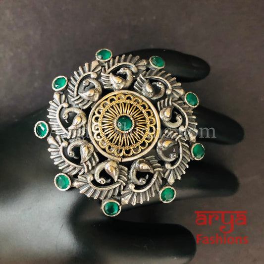 Green Dual Tone Oxidized Silver Statement Ring/ Two Adjustable Trendy Bohemian