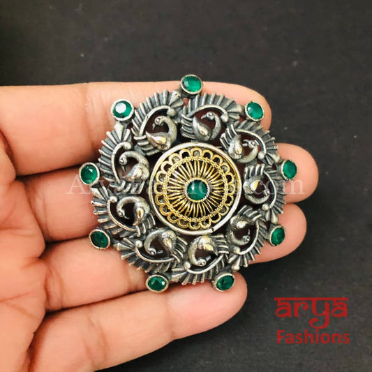 Green Dual Tone Oxidized Silver Statement Ring/ Two Adjustable Trendy Bohemian