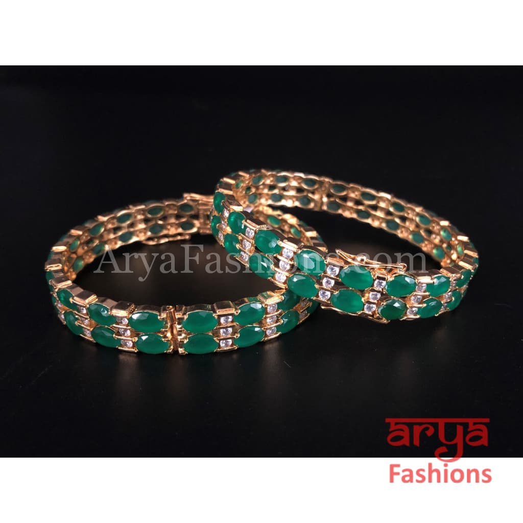 Green Emerald and CZ Stones Openable Bangles