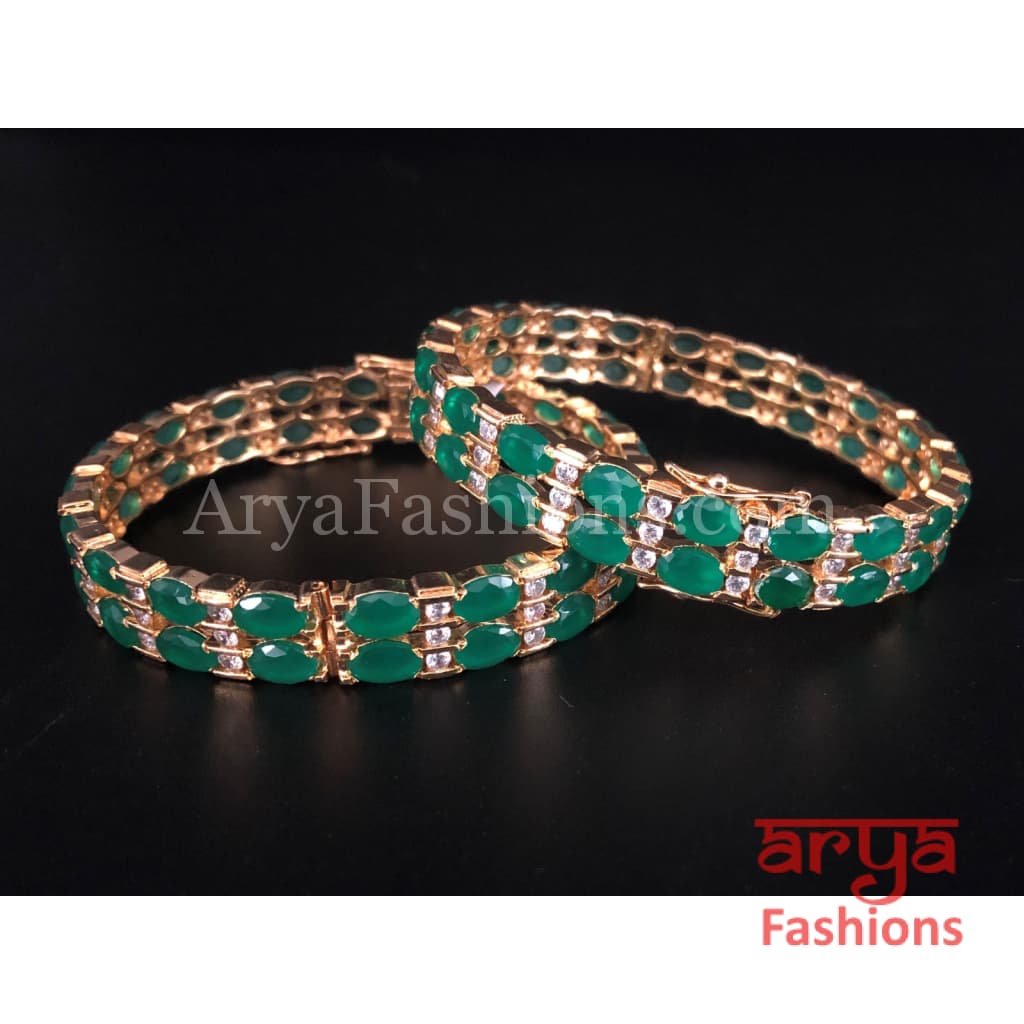 Green Emerald and CZ Stones Openable Bangles