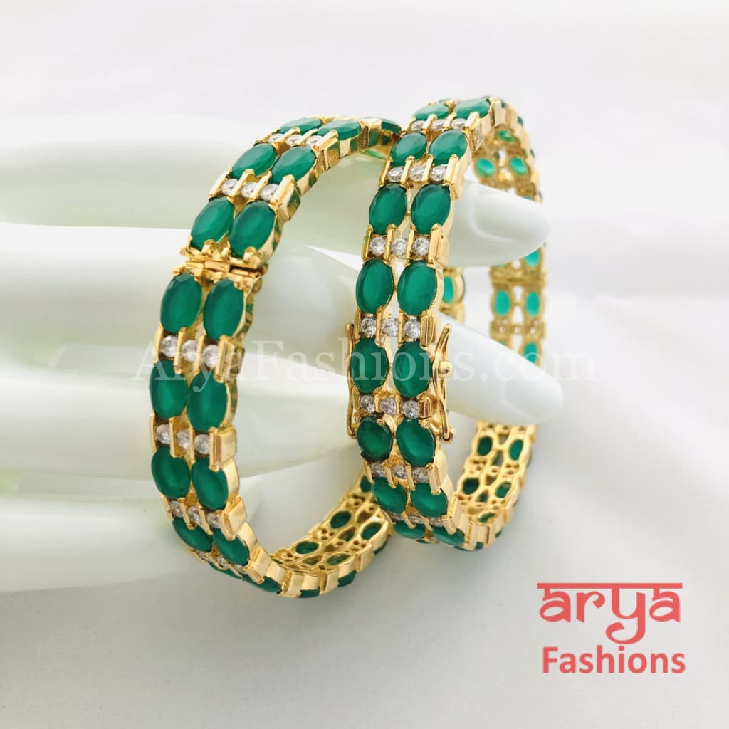 Green Emerald and CZ Stones Openable Bangles