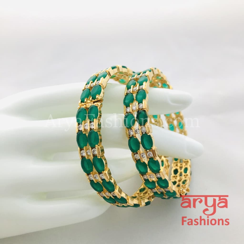 Green Emerald and CZ Stones Openable Bangles