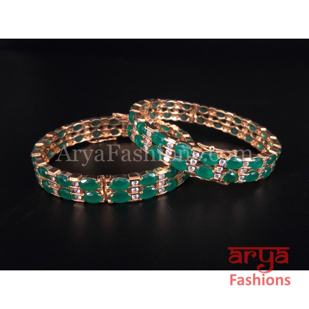 Green Emerald and CZ Stones Openable Bangles