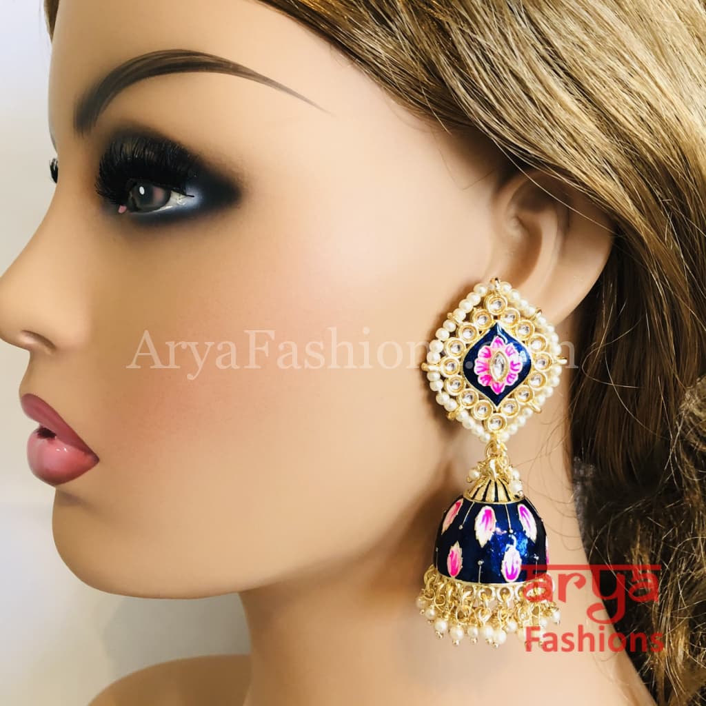 Green Jhumka/ Pink Meenakari Kundan Jhumka Earrings with Pearl beads