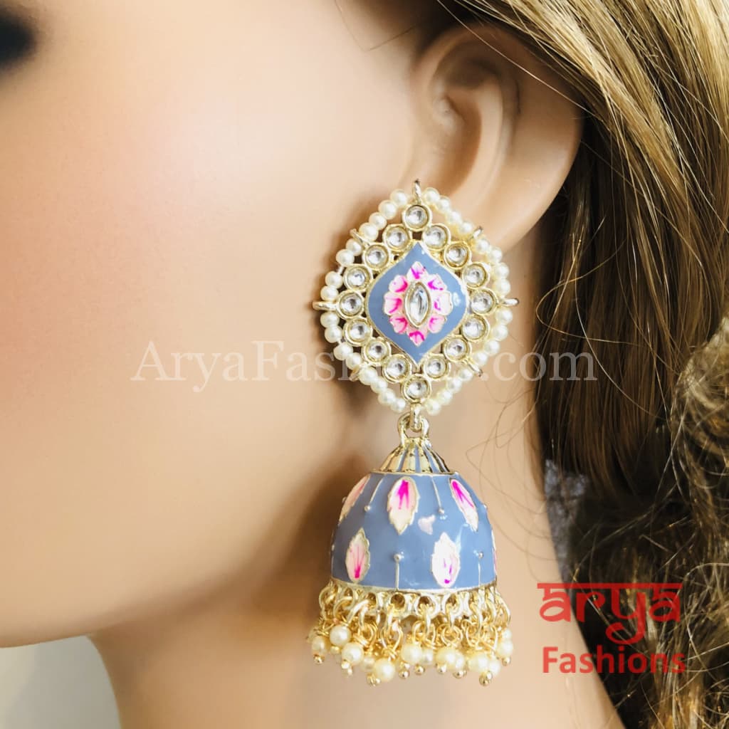 Green Jhumka/ Pink Meenakari Kundan Jhumka Earrings with Pearl beads