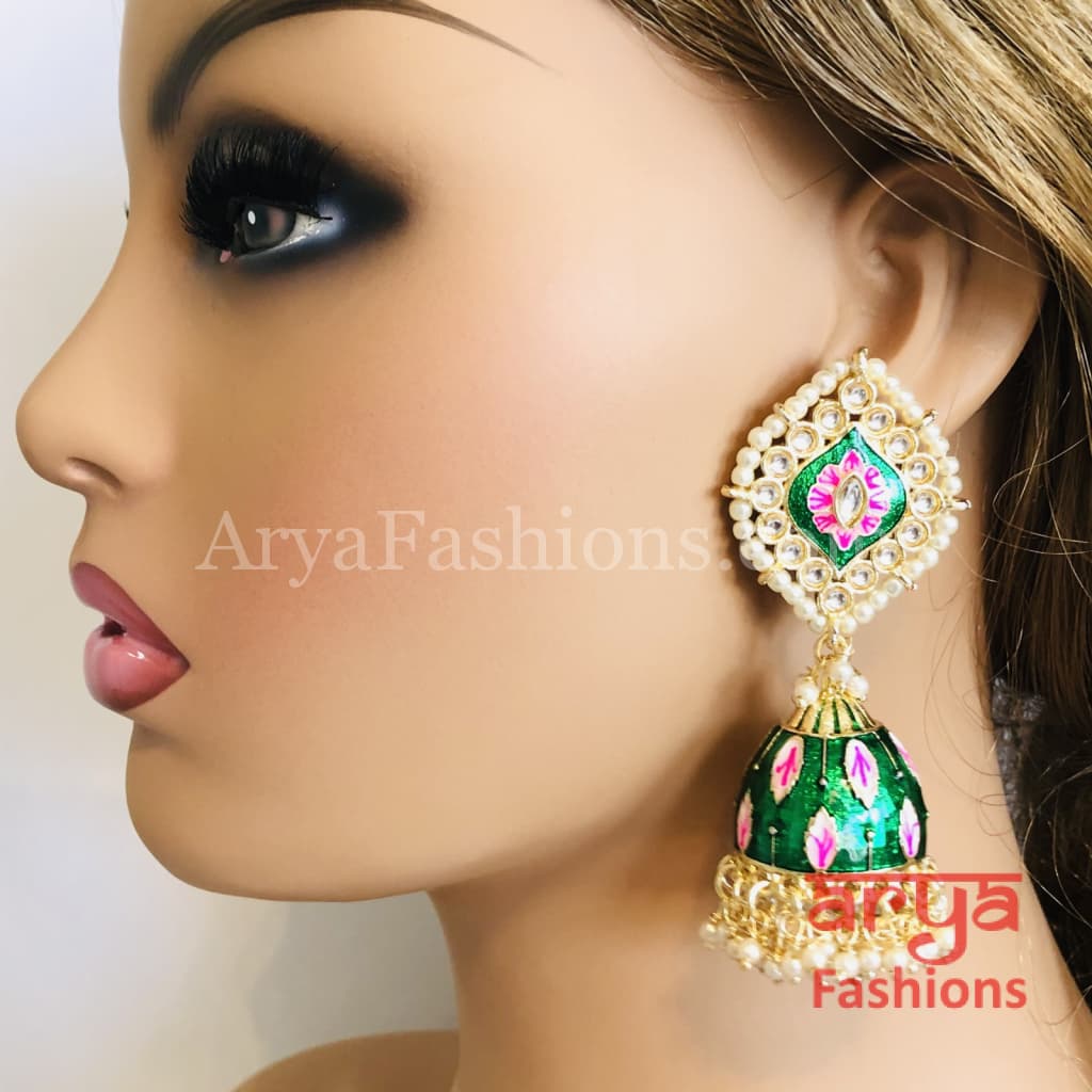Green Jhumka/ Pink Meenakari Kundan Jhumka Earrings with Pearl beads