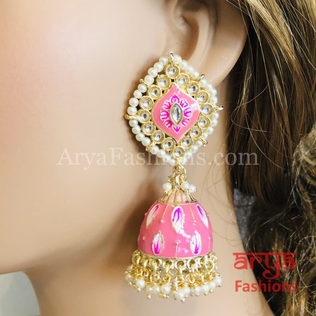 Green Jhumka/ Pink Meenakari Kundan Jhumka Earrings with Pearl beads