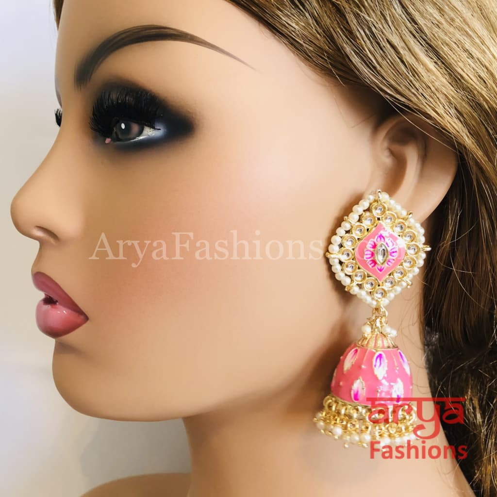 Green Jhumka/ Pink Meenakari Kundan Jhumka Earrings with Pearl beads