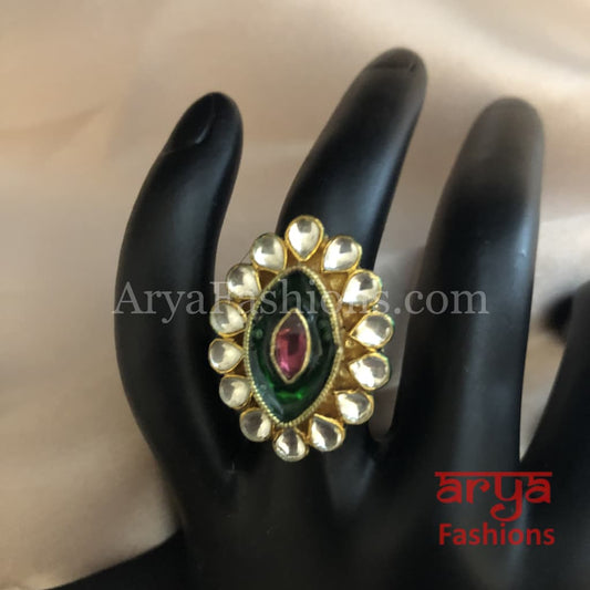 Green Meenakari Kundan Statement Ring