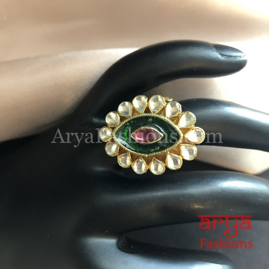 Green Meenakari Kundan Statement Ring
