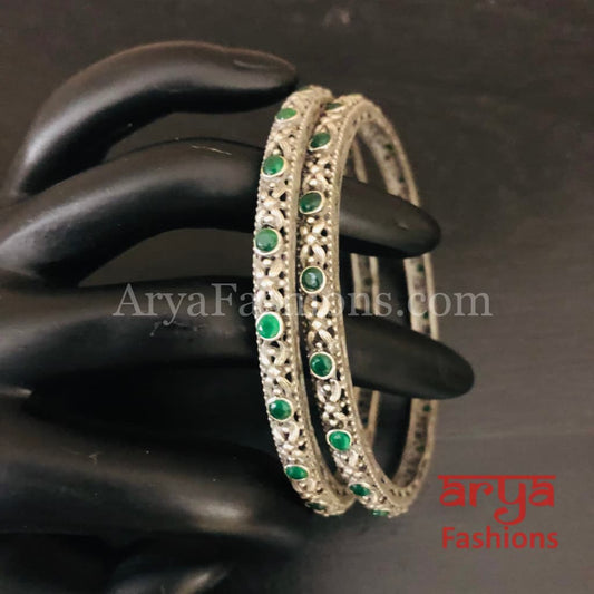Green Silver Oxidized Bangles with emerald green stones Pair of 2