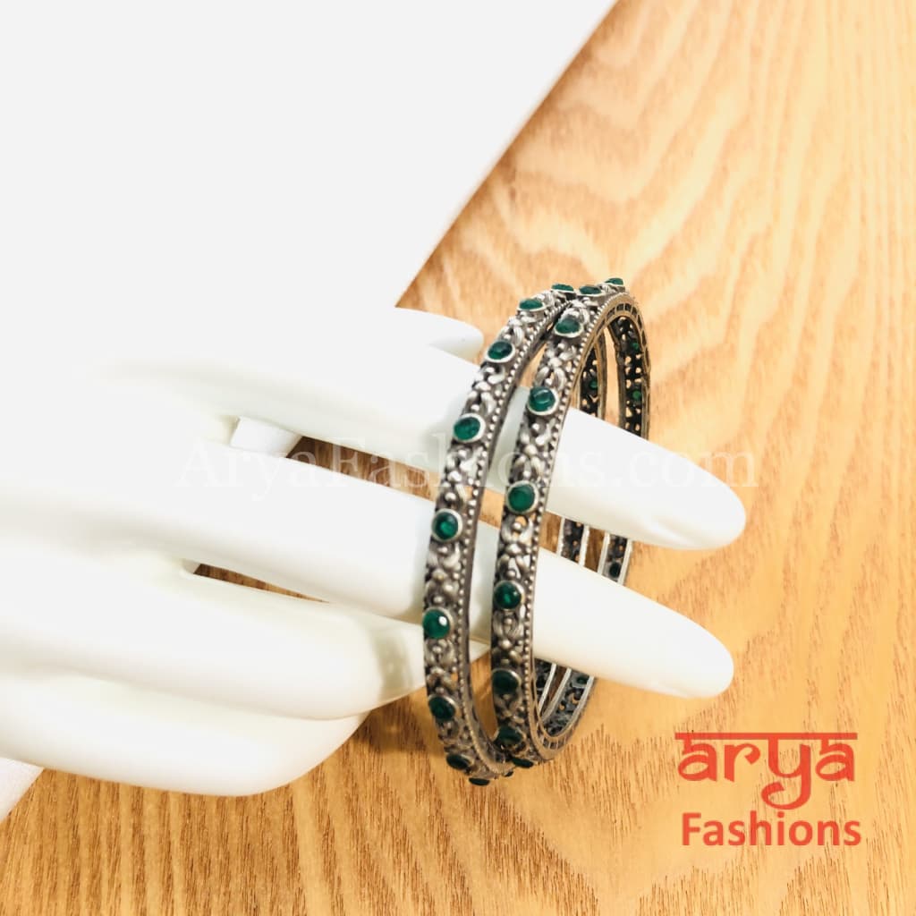 Green Silver Oxidized Bangles with emerald green stones Pair of 2