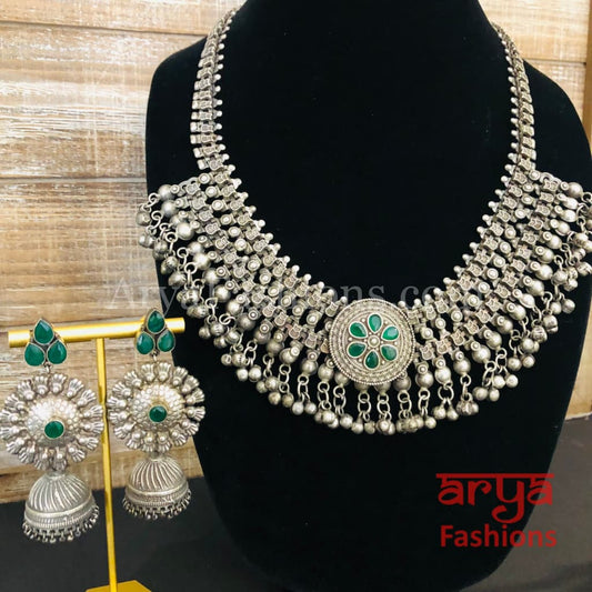 Green Silver Oxidized Designer Necklace with Stones and Stud Earrings
