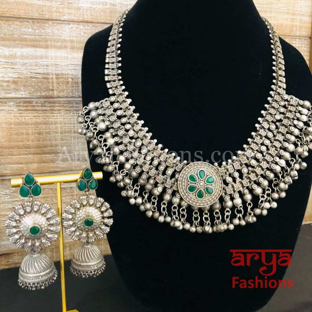Green Silver Oxidized Designer Necklace with Stones and Stud Earrings