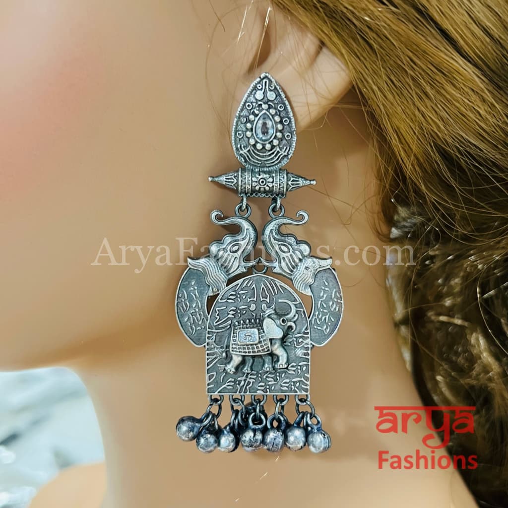 Haya Silver Oxidized Pearl Chandbali with colored Stones