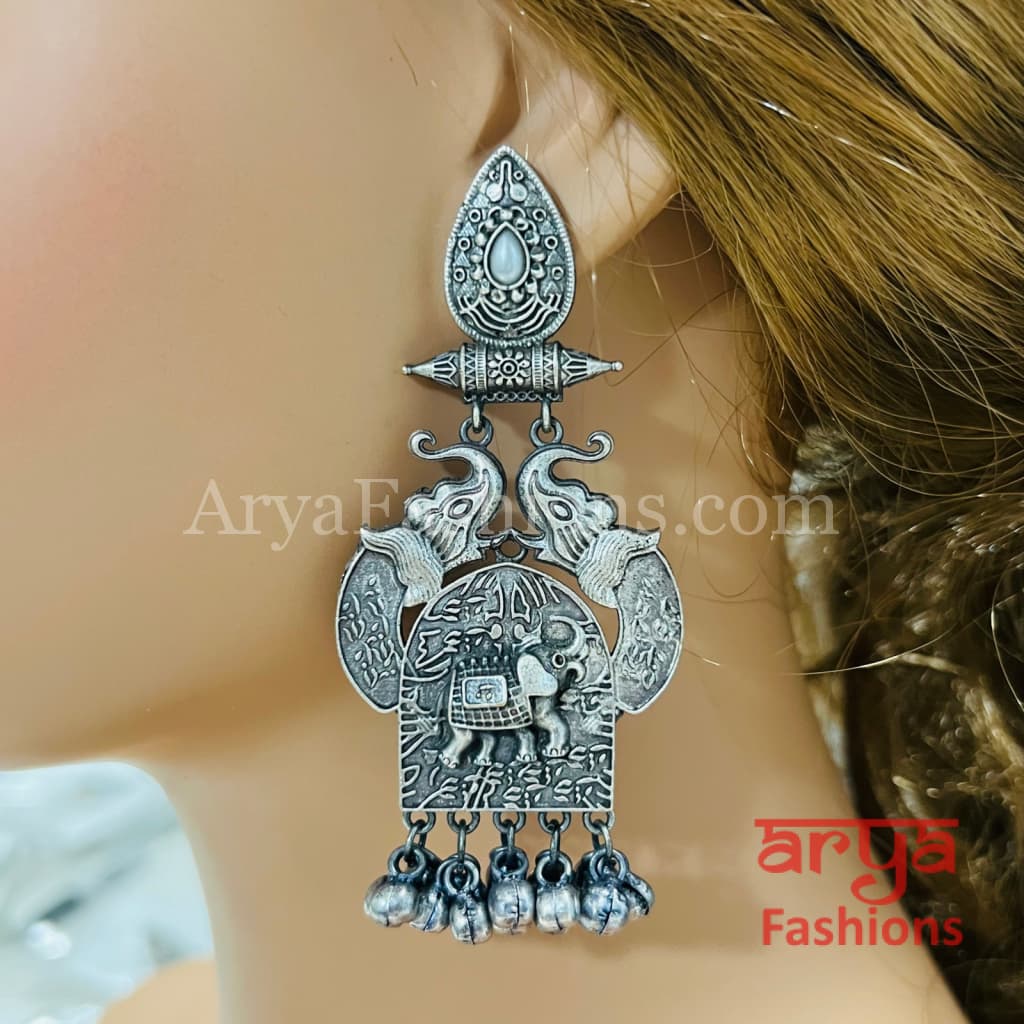 Haya Silver Oxidized Pearl Chandbali with colored Stones