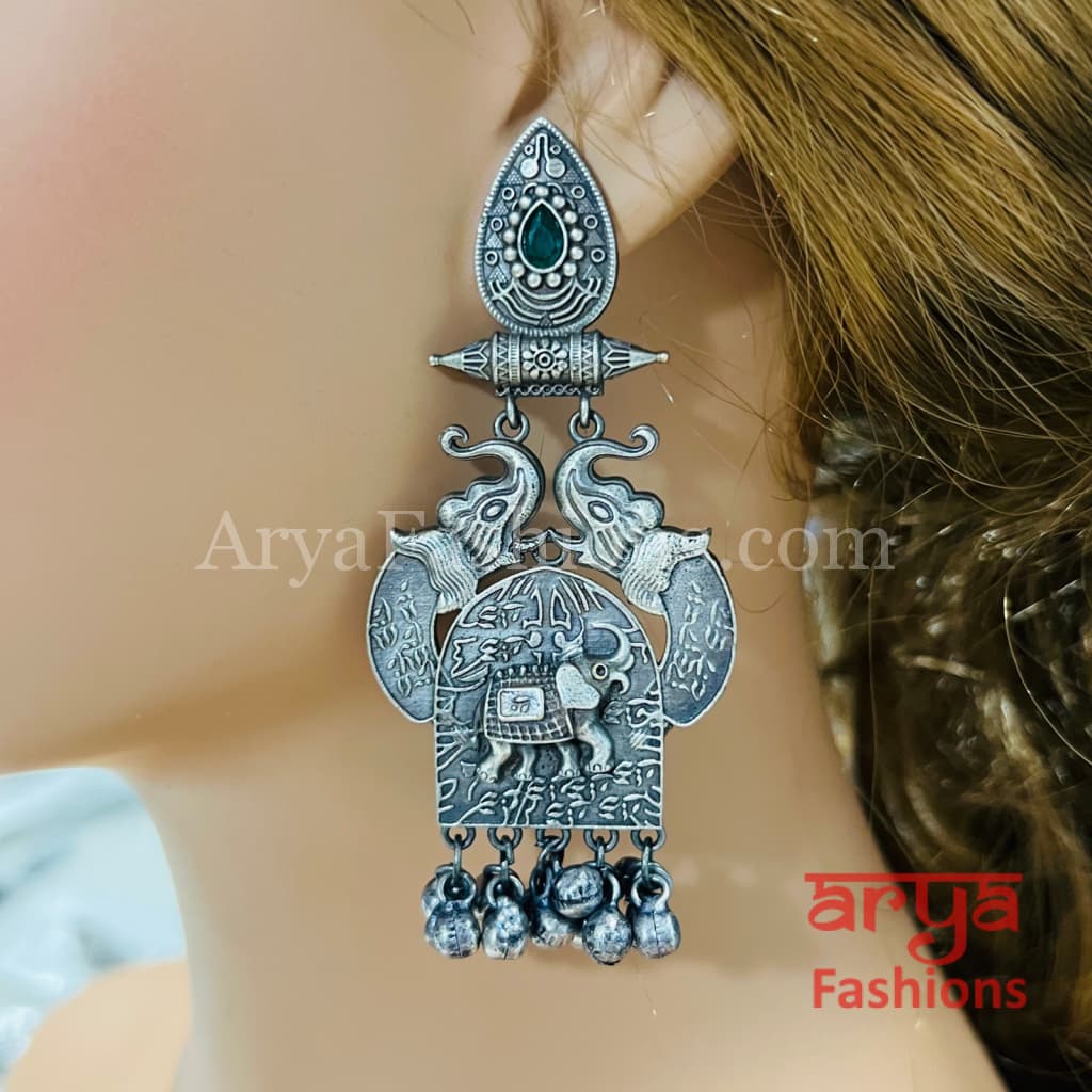 Haya Silver Oxidized Pearl Chandbali with colored Stones