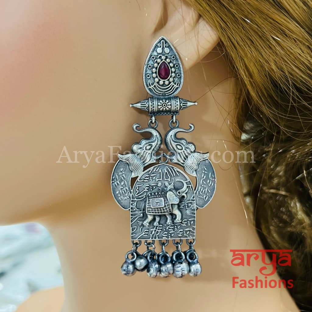 Haya Silver Oxidized Pearl Chandbali with colored Stones