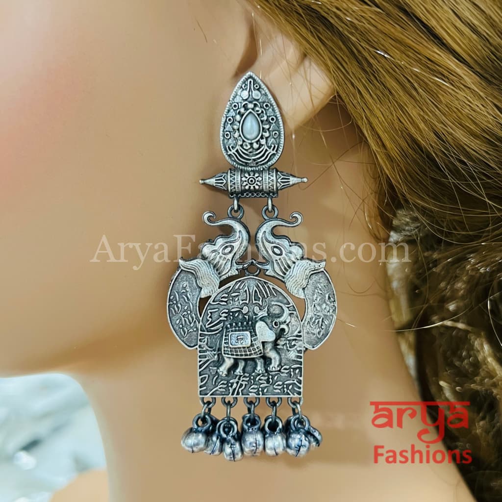 Haya Silver Oxidized Pearl Chandbali with colored Stones