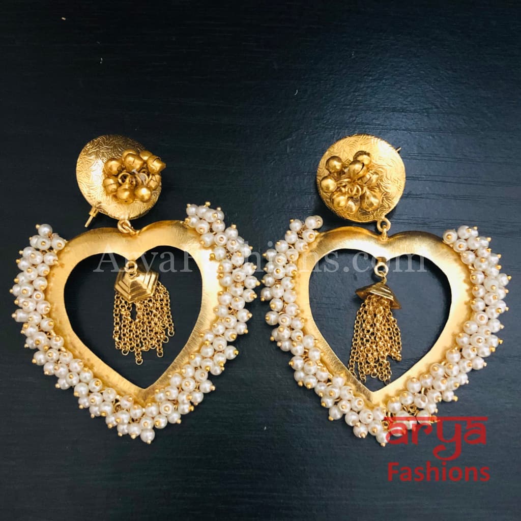 Heart Chandbali/ Golden Indo-Western Ethnic Earrings with Pearl