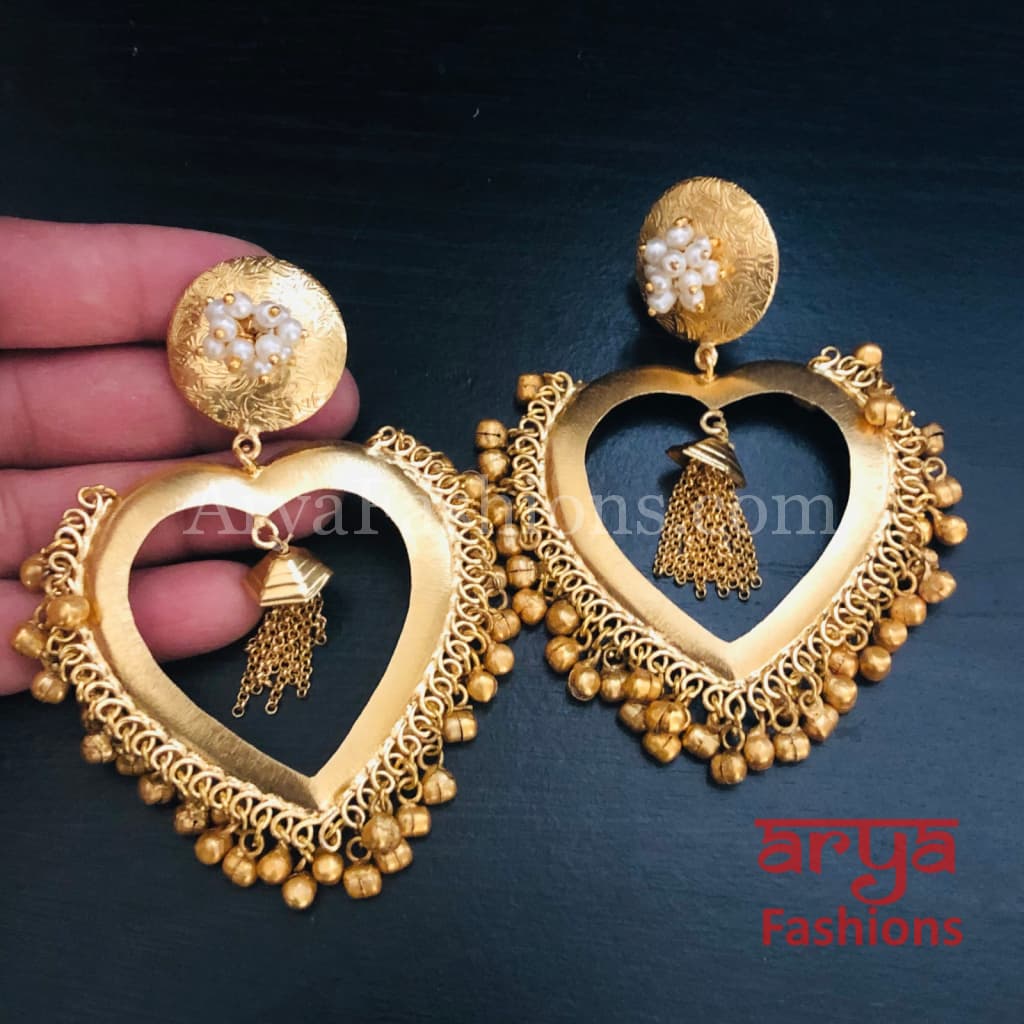 Heart Chandbali/ Golden Indo-Western Ethnic Earrings with Pearl