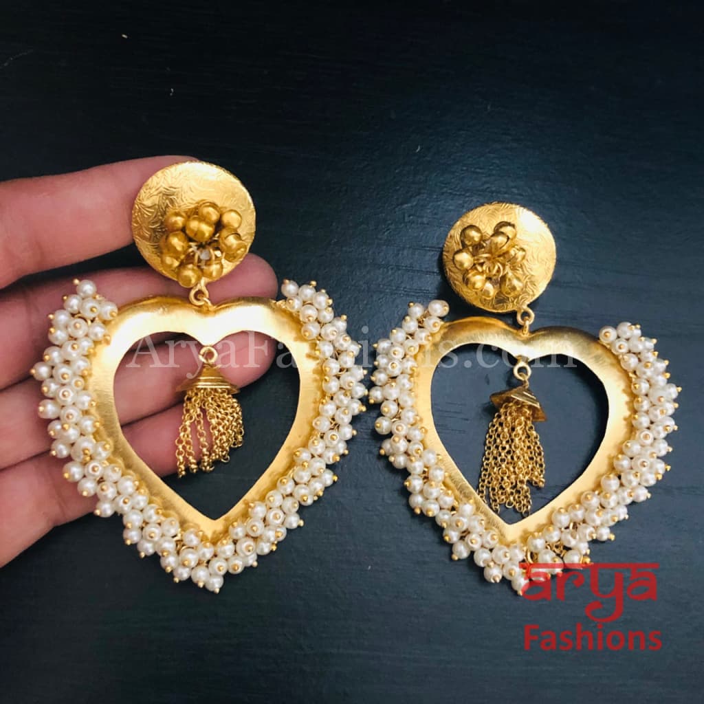 Heart Chandbali/ Golden Indo-Western Ethnic Earrings with Pearl