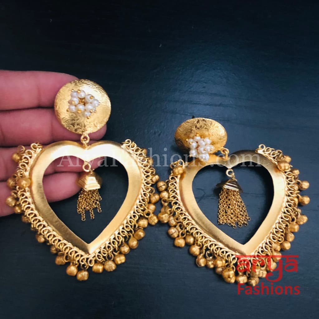 Heart Chandbali/ Golden Indo-Western Ethnic Earrings with Pearl