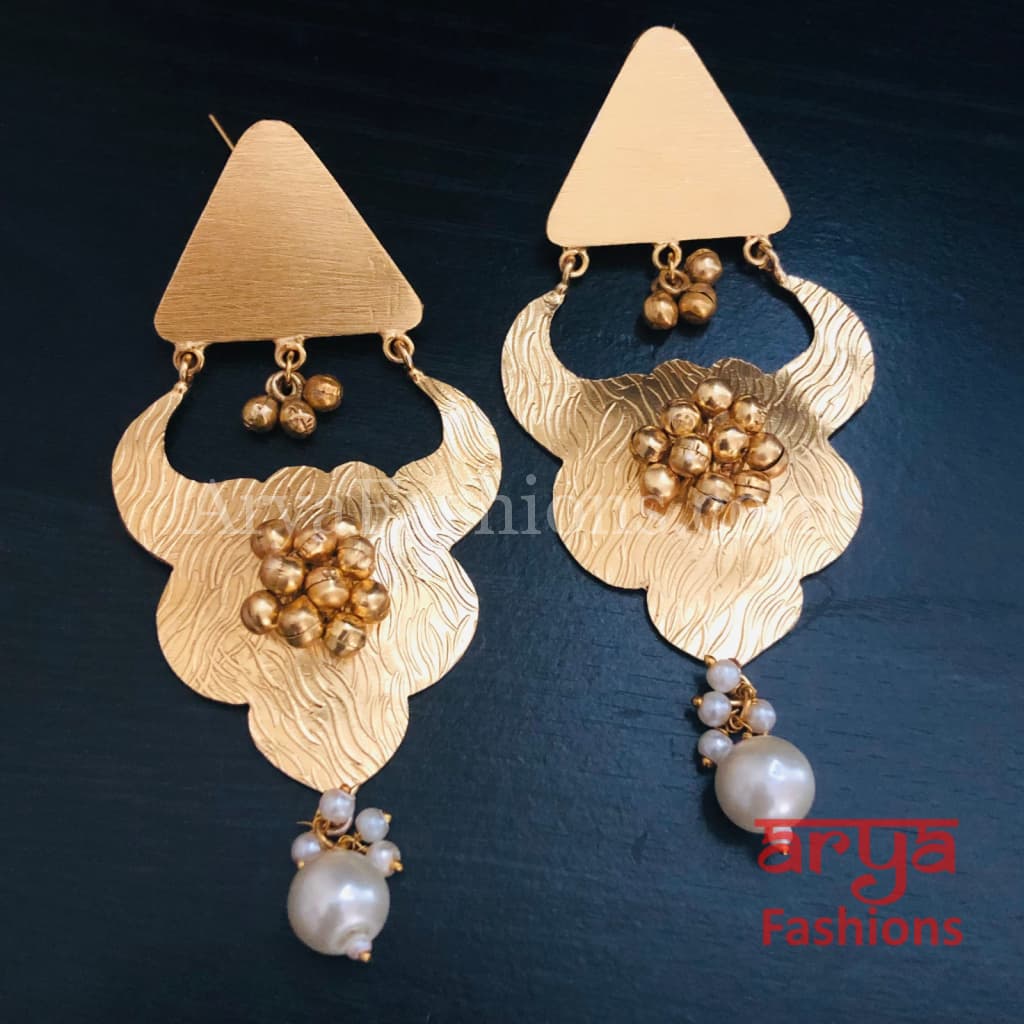 Hira Golden Fusion Indian Earrings with Pearl and Ghungroo beads