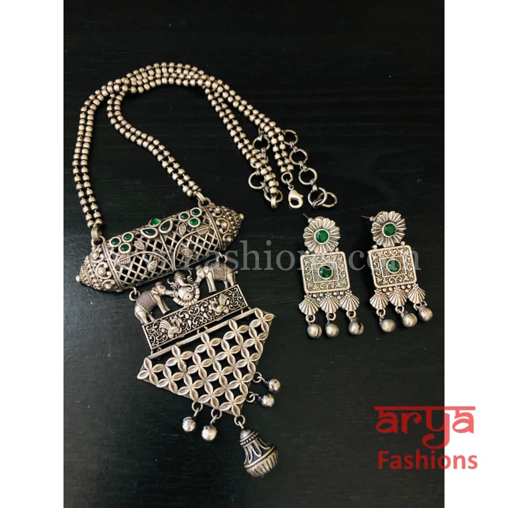 Ishani Oxidized Silver Tribal Necklace with colored Stones / Statement