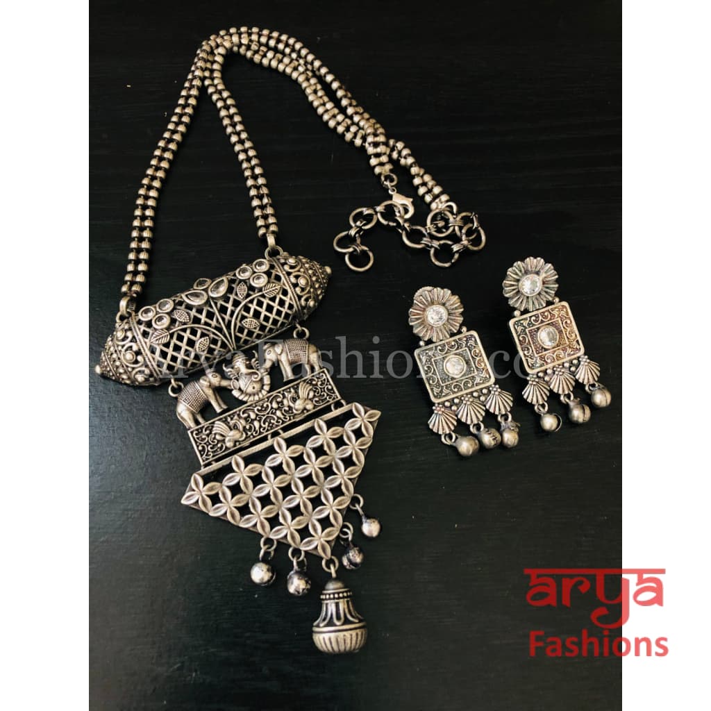 Ishani Oxidized Silver Tribal Necklace with colored Stones / Statement