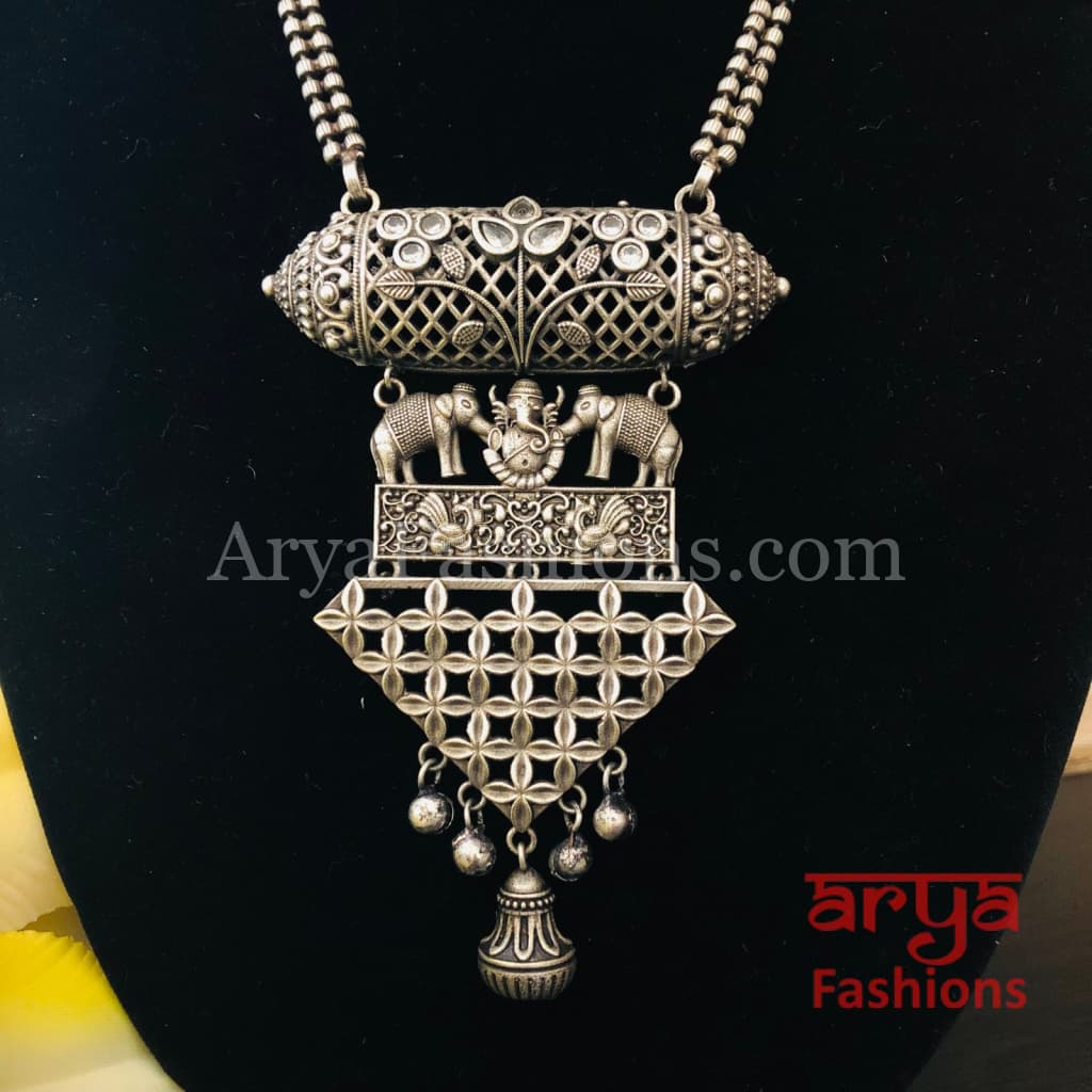 Ishani Oxidized Silver Tribal Necklace with colored Stones / Statement