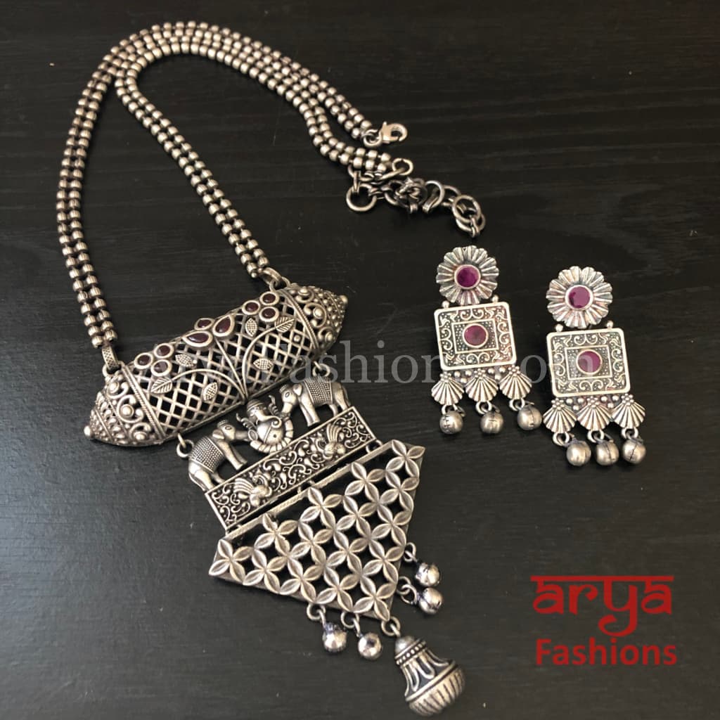 Ishani Oxidized Silver Tribal Necklace with colored Stones / Statement