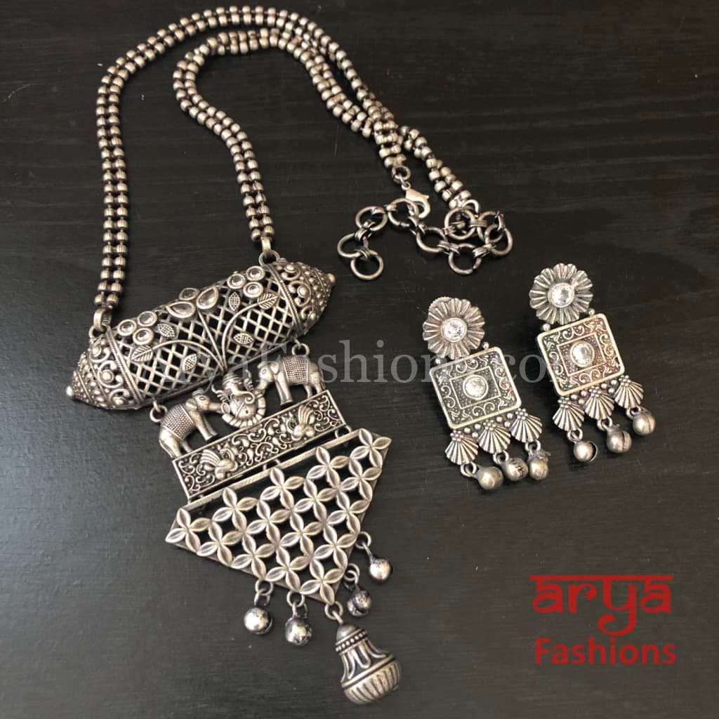 Ishani Oxidized Silver Tribal Necklace with colored Stones / Statement