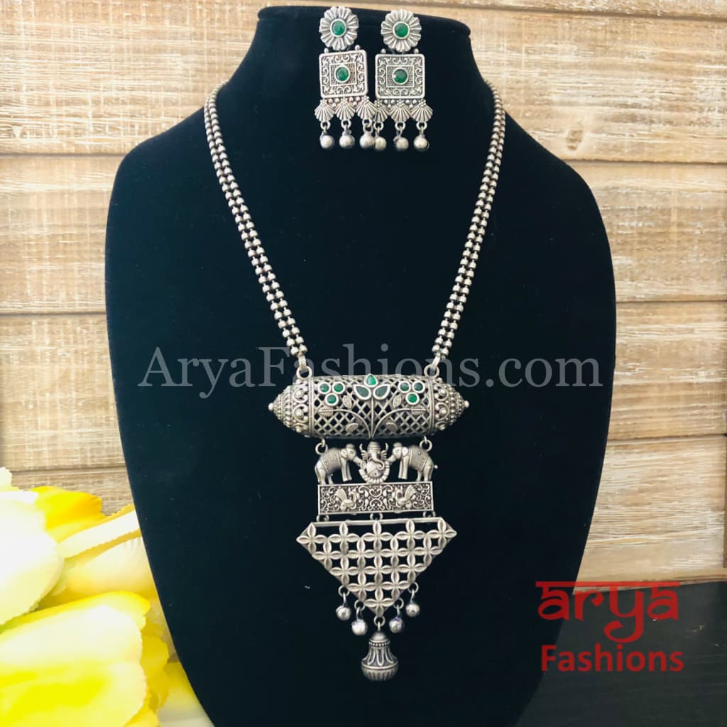 Ishani Oxidized Silver Tribal Necklace with colored Stones / Statement