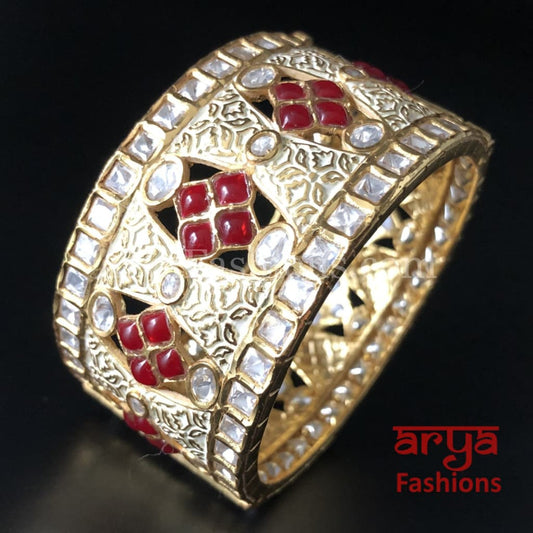 Ivory Meenakari Kundan Bracelet with Red Stone/ Mint Green