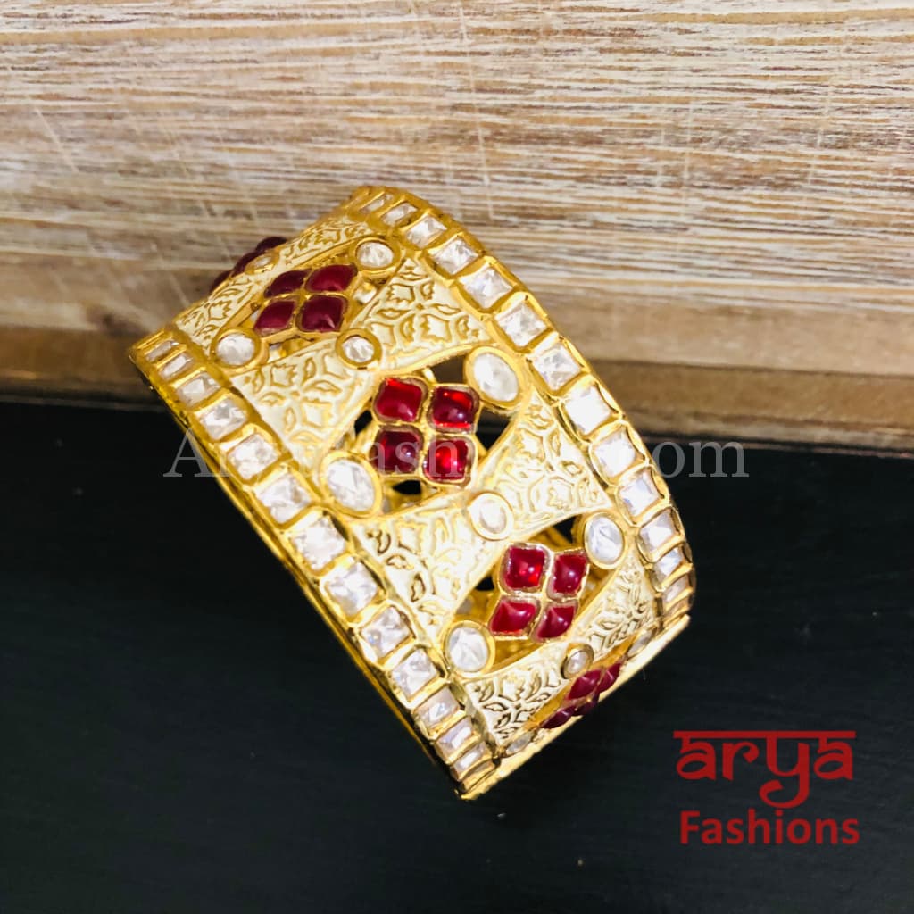 Ivory Meenakari Kundan Bracelet with Red Stone/ Mint Green