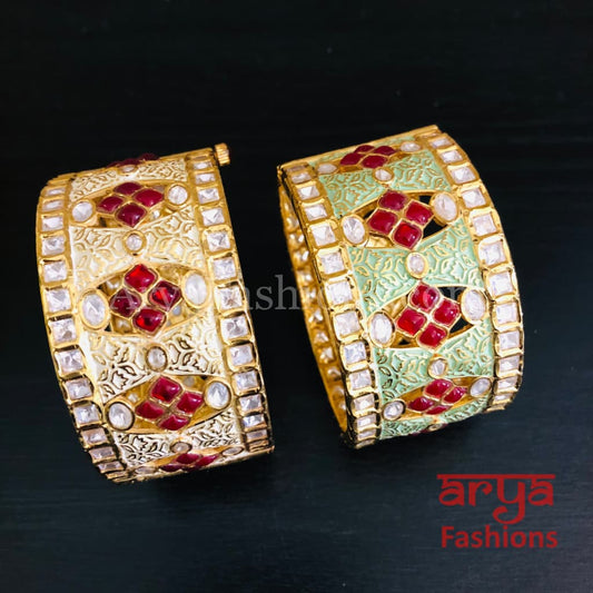 Ivory Meenakari Kundan Bracelet with Red Stone/ Mint Green