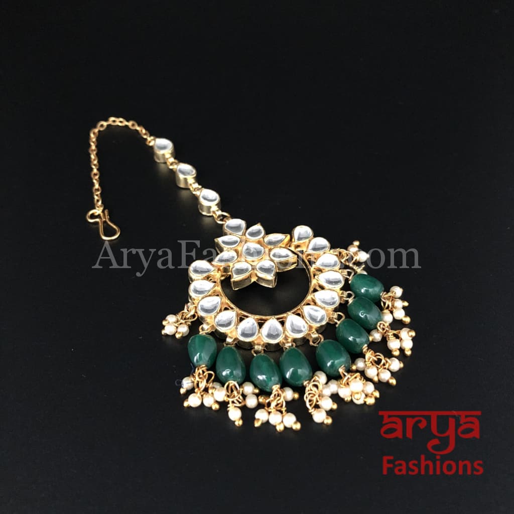 Jadau Kundan Mang Tika with Emerald Beads