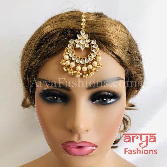 Jadau Kundan Mang Tika with Pearl Beads