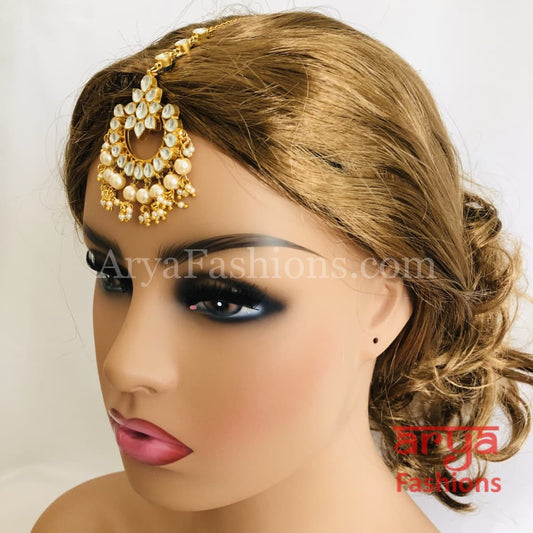 Jadau Kundan Mang Tika with Pearl Beads