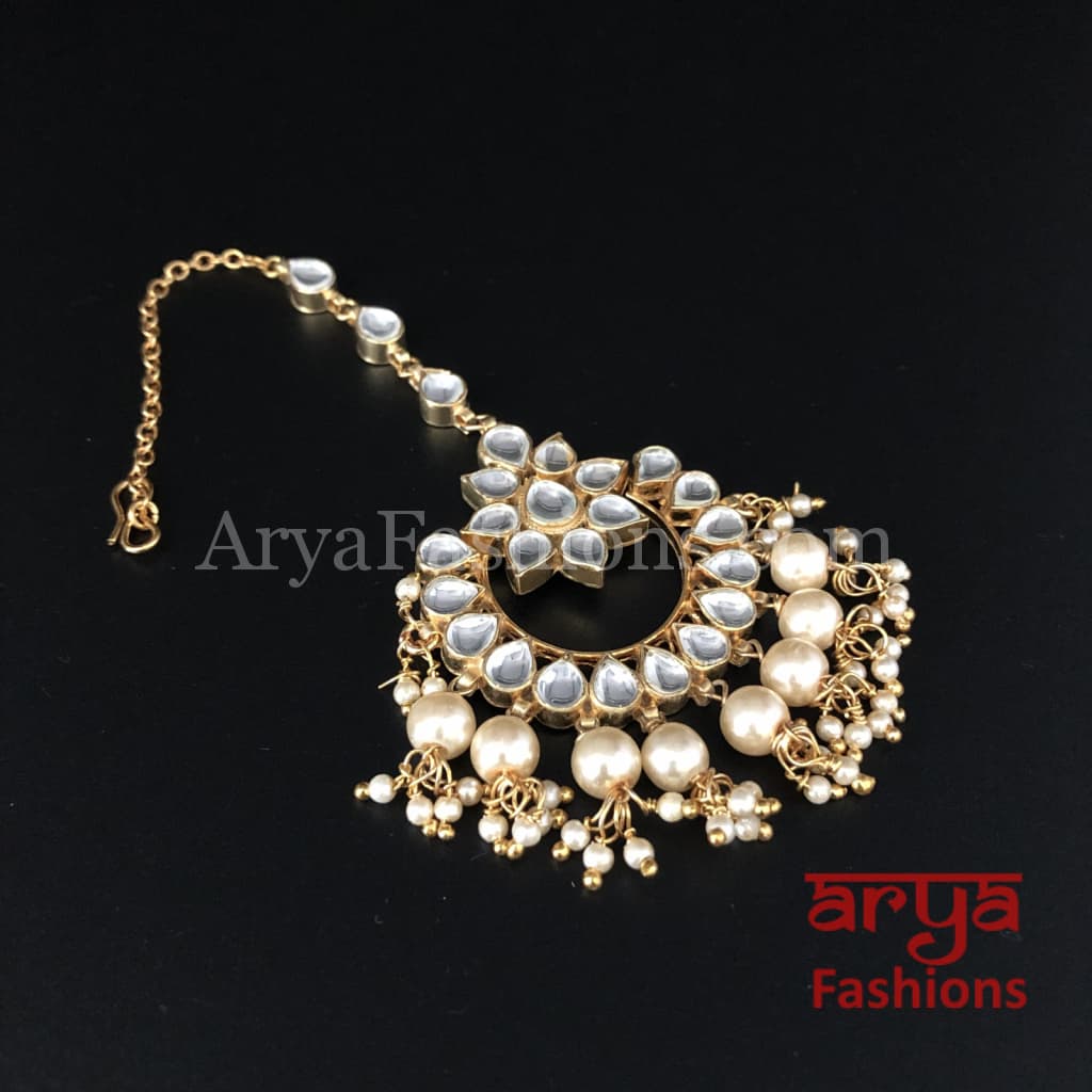 Jadau Kundan Mang Tika with Pearl Beads