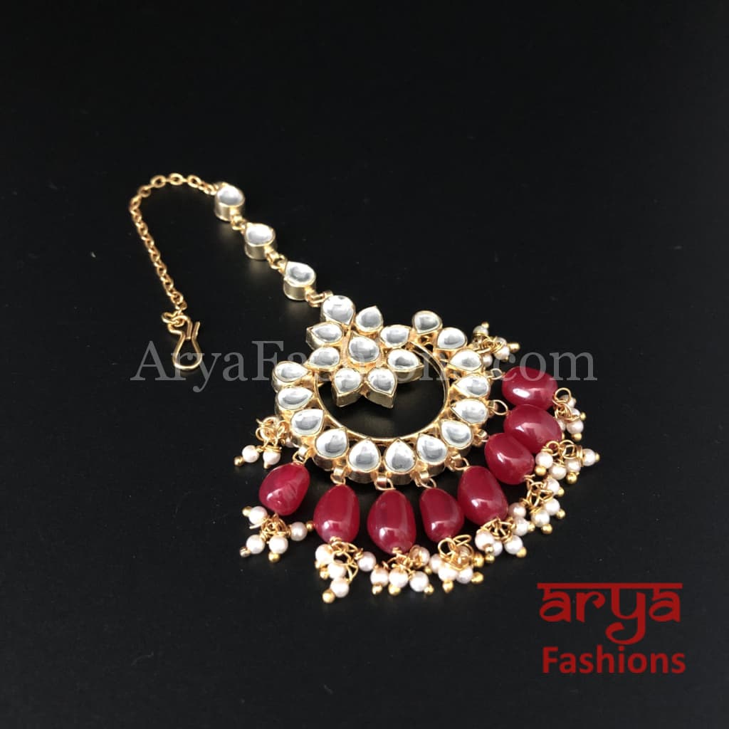 Jadau Kundan Mang Tika with Ruby Beads