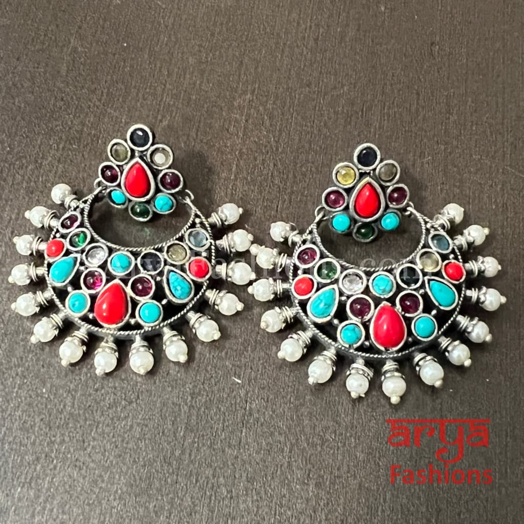 Jadau Oxidized Silver Small Chandbali Earrings with Pearls